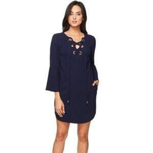 Trina Turk Xandra Bell Sleeve Corset Shift Dress with Pockets Blue Size 4